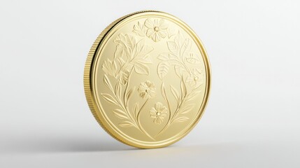 High-quality 3D render of a polished gold coin, top-down view on white background.