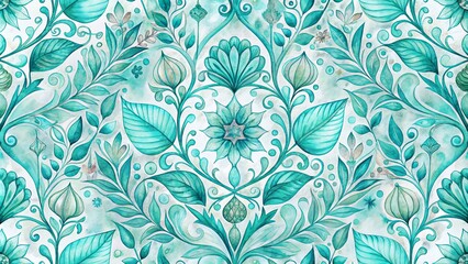 An intricate pattern of swirling leaves and stylized flowers, painted in shades of teal, evokes a sense of natural beauty and delicate intricacy.