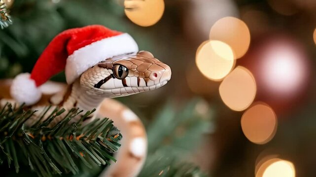 Snake in red santa hat sitting on Christmas tree on blurred background. Cute animal character, zodiac sign. Symbol of Chinese New Year 2025. Exotic animal