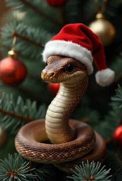 Snake in red santa hat sitting on Christmas tree on blurred background. Cute animal character, zodiac sign. Symbol of Chinese New Year 2025. Exotic animal