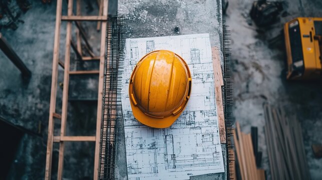 yellow hard hat is placed on top of architectural blueprints and construction plans, which are laid out on a concrete slab at a construction site.