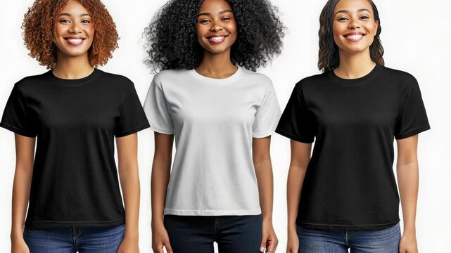 Three women are wearing plain t-shirts, a black one, a white one, and another black one