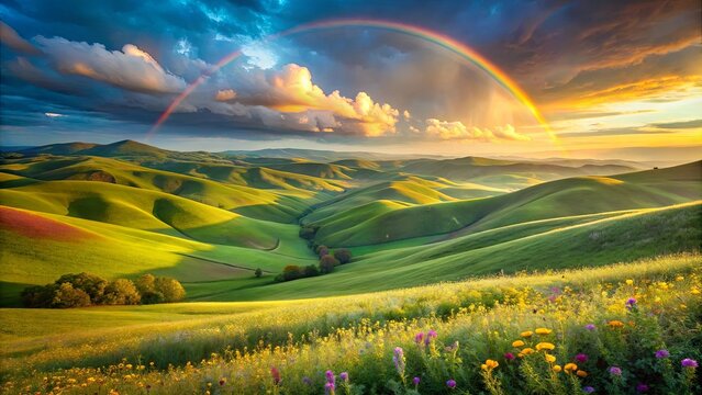 A gentle rainbow arches over rolling hills, casting a warm glow on a field of wildflowers.