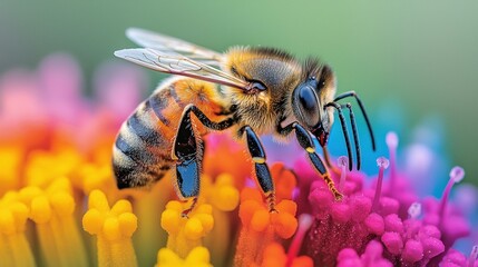 Fototapeta premium A close-up of a bee collecting pollen. AI.