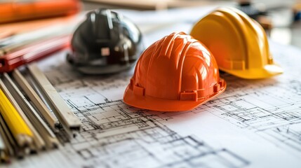 Three construction hard hats (orange, black, and yellow) are placed on top of blueprints and architectural plans on a desk.