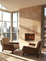 Obraz premium A modern minimalist penthouse open plan living room with a cozy seating area by the floor-to-ceiling windows, cassina furniture style, generative ai