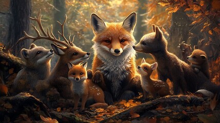 Friendly animals like a fox, deer, and bear, each showing affectionate expressions, set in a cozy forest setting. 