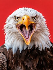 A bald eagle with its beak open wide. AI.