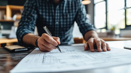 close-up of a engineer working at a desk, holding a pen and making detailed notes or drawings on a blueprint and architectural plan.