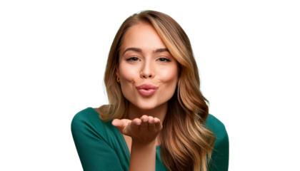Pretty young woman Blowing a Kiss Pose on isolated transparent background png
