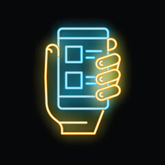 Glowing neon icon representing the concept of mobile task management with a hand holding a smartphone displaying a checklist