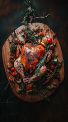 Naklejka premium Roasted chicken with vegetables and herbs on wooden board