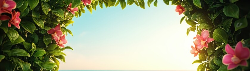 Obraz premium A serene scene framed by lush green leaves and vibrant flowers against a tranquil beach sunset.