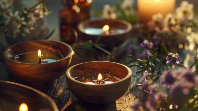A soothing aromatherapy session with bowls of fragrant herbs and oils used to create a serene and calming ambiance.