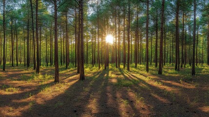 Obraz premium Panoramic View of Tall Pine Trees in Natural Daylight