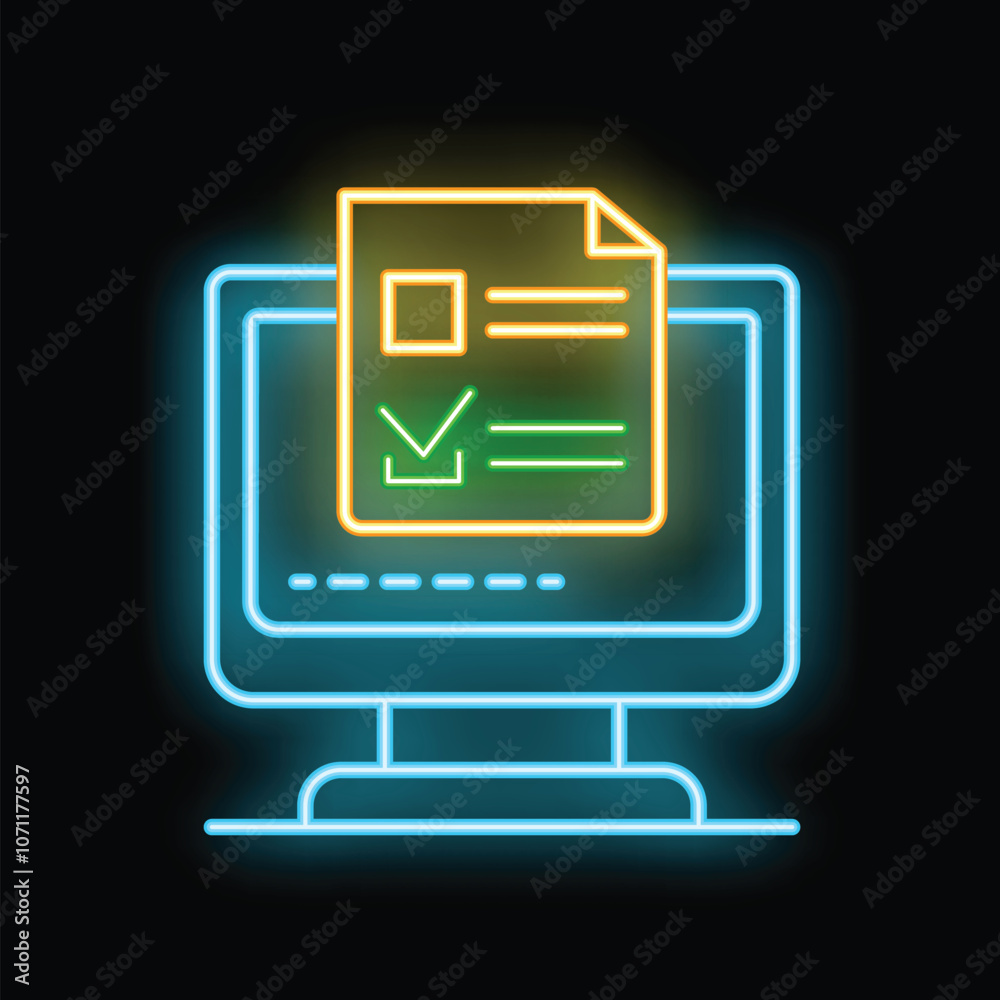 Poster glowing neon icon of a computer displaying an approved online form document with a checkmark