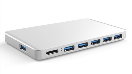 Portable USB-C hub with multiple ports, isolated on white, ideal for workspace organization