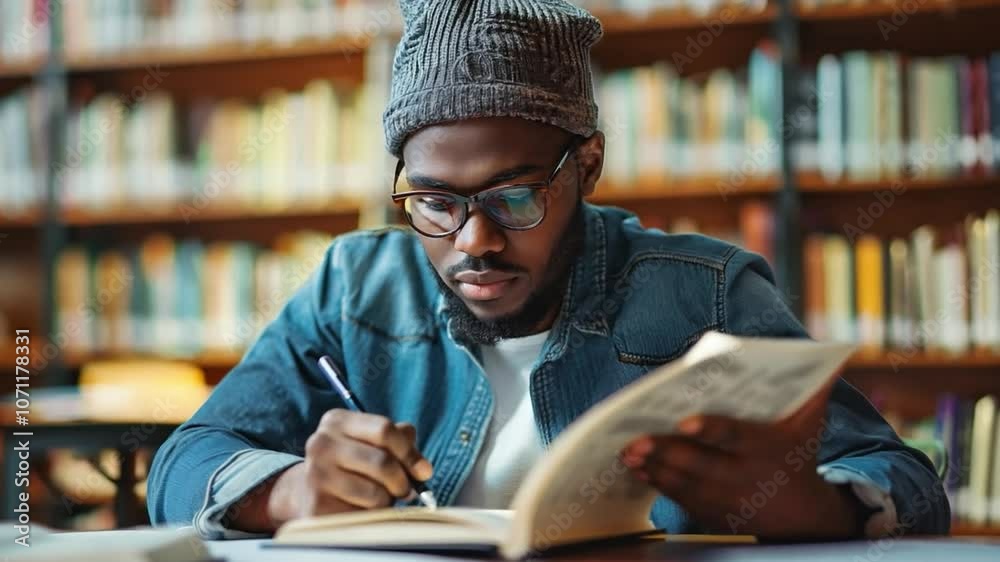 Aufkleber this focused student writes notes from a book at a library table surrounded by shelves.