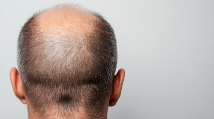 Naklejka premium Balding man seen from the back, showcasing unique hair patterns and scalp texture on a neutral background.