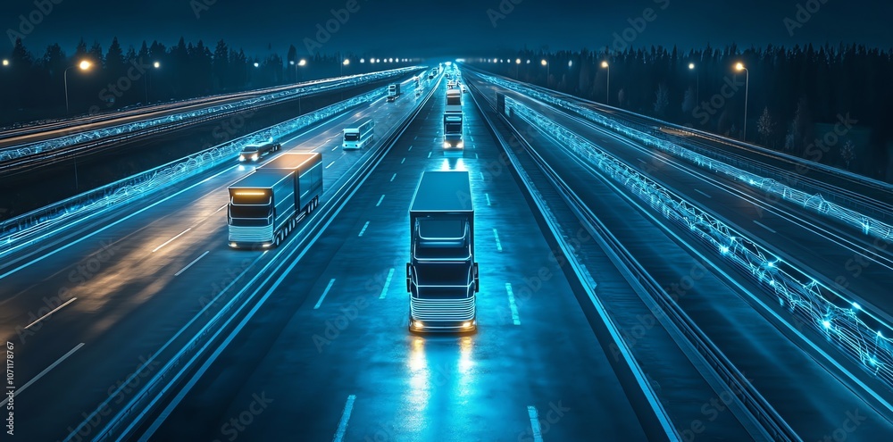 Poster a line of semi-trucks driving down a highway at night. the trucks are lit up by their headlights, an