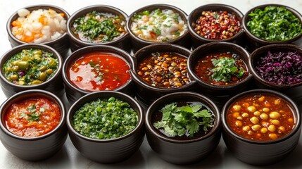Assorted Bowls of Sauces on White Background - A Variety of Flavors and Textures Showcased in a Clean, Minimalist Presentation