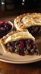 Savor Delicious Meat Pie with Rich Minced Beef Filling and Cranberry Topping on Rustic Plate - Ideal Comfort Food Recipe and Perfect for Savory Pie Enthusiasts