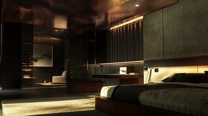 A stylish, modern bedroom with minimalist decor, a bed, desk, floor lamp, and a rose gold aluminum ceiling. generative ai