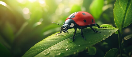 Obraz premium Close-up of a ladybug perched on a green leaf in a lush garden, illuminated by soft sunlight.