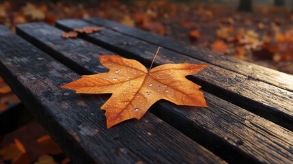 Obraz premium Close-up of an orange maple leaf resting on a wooden bench in autumn surroundings.