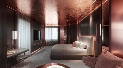 A stylish, modern bedroom with minimalist decor, a bed, desk, floor lamp, and a rose gold aluminum ceiling. generative ai