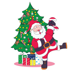 cartoon image of a happy santa claus with a christmas tree and a pile of presents behind him.