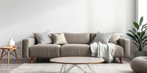 A cozy living room with a modern sofa, fluffy throw pillows, and a stylish area rug, pillows, furniture, modern