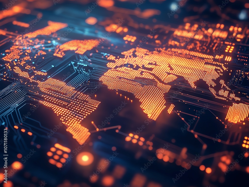 Poster A glowing world map is depicted on a circuit board, representing global connectivity and the digital age.