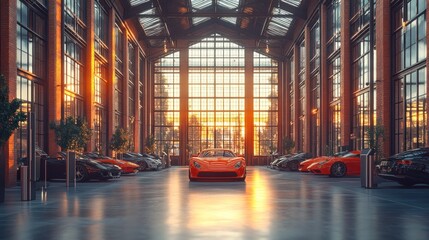 A bright orange sports car stands in a large, open space with a glass ceiling,  surrounded by other sports cars. The setting sun shines through the window, casting a warm glow on the scene.