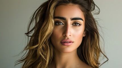 Fototapeta premium Portrait of a confident woman, with thick, wavy black hair and subtle makeup, against a neutral background 