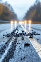 Close-Up of Debris on Wet Asphalt Road