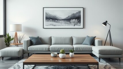 A sleek and clutter-free living room with a simple but stylish sofa, a modern coffee table, and a minimalistic wall art, modern, living room, sofa