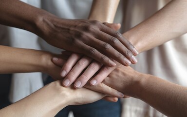 Close-up of a group of people holding hands symbolizing love, unity, and support in a team or family setting