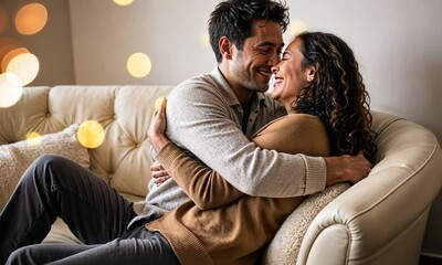 Cheerful beautiful young couple in love hugging relaxing on couch, daydreaming together feel carefree enjoy romantic day