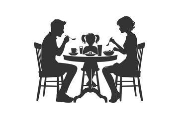 Minimalist family eating dinner together silhouette. Black and white family concept elements vector