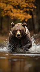 Obraz premium Brown bear running in water with autumn colors in background