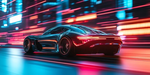 Fototapeta premium A sleek, modern car driving through a city at night with colorful streaks of light.
