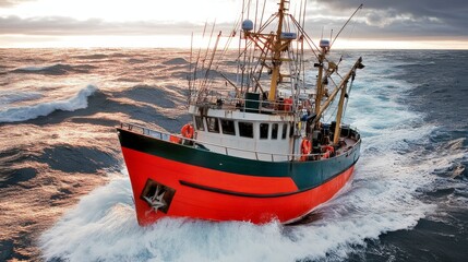 Obraz premium Red And Green Fishing Vessel Navigates Choppy Seas At Sunset. Commercial Fishing, Maritime Industry