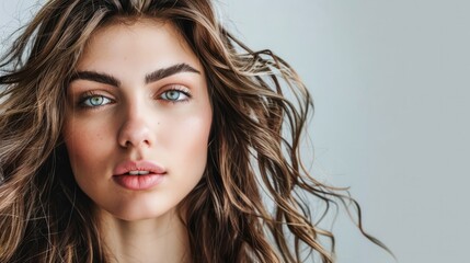 Fototapeta premium Portrait of a confident woman, with thick, wavy black hair and subtle makeup, against a neutral background 
