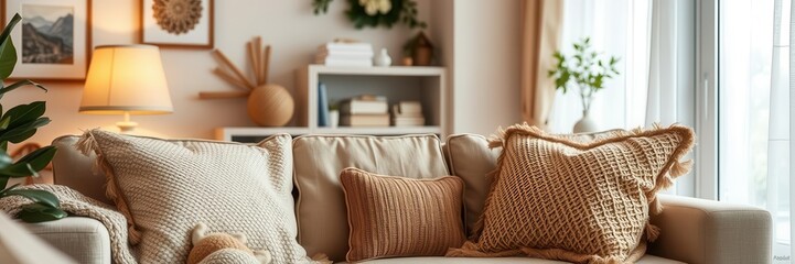Cozy living room interior with plush sofa, soft throw blanket, and warm lighting, interior, cozy, cushion