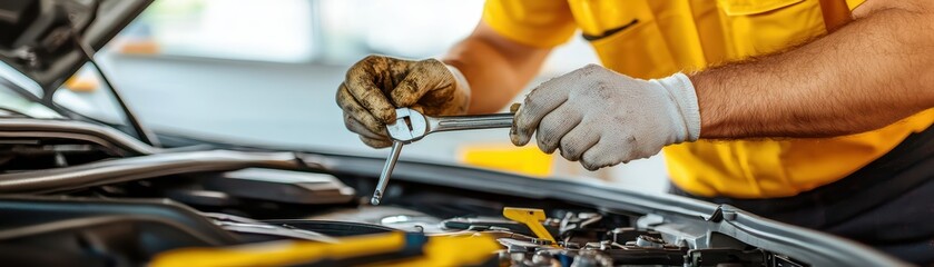 Mechanic working on a car engine with tools in a garage setting, focus on hands and tools.