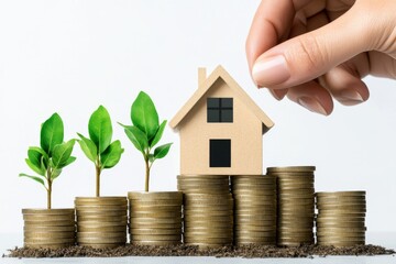 A hand placing a house atop stacks of coins, symbolizing real estate investment and financial growth with greenery representing sustainable wealth.