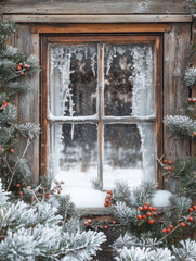 A rustic wooden window framed by frosty branches and red berries, capturing the cozy essence of winter's chill.