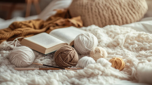 A cozy scene featuring warm yarn balls, an open book, and soft textures on a knitted blanket, evoking relaxation and creativity.