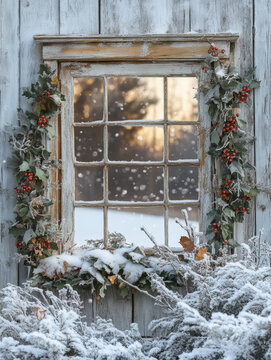 A beautifully decorated rustic window with holly and snow, evoking a cozy winter atmosphere.